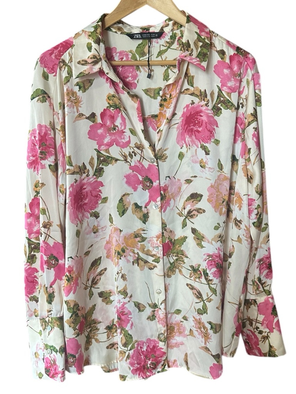 Zara Satin Effect Floral Button-Down Blouse Shirt Cream Pink Green  Sz XXL NWOT - Picture 5 of 10